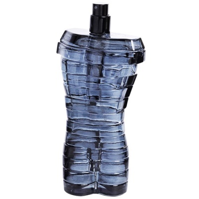 Frasco de perfume azul escuro em forma de torso masculino com spray preto