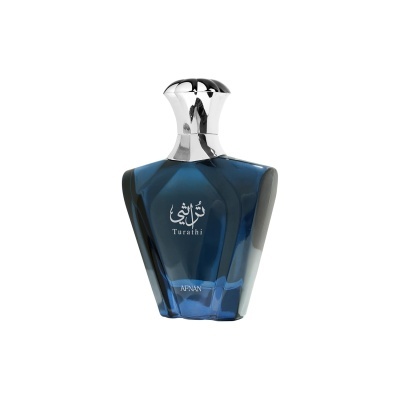 Frasco de perfume azul escuro com tampa prateada e texto Turathi AFNAN