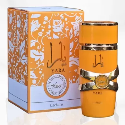 Frasco e caixa laranja de perfume YARA com detalhes dourados e padrão floral branco