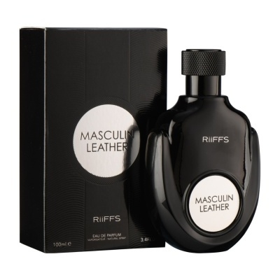 Frasco de perfume preto Riiffs Masculin Leather com caixa preta ao fundo