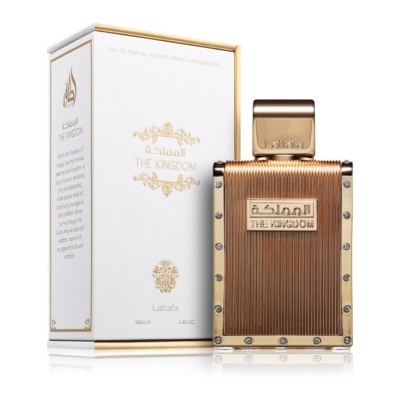 Frasco metálico dourado de perfume The Kingdom com embalagem branca e dourada