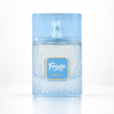 Frasco azul gelado de vidro com tampa larga e etiqueta Freeze RiiFFS