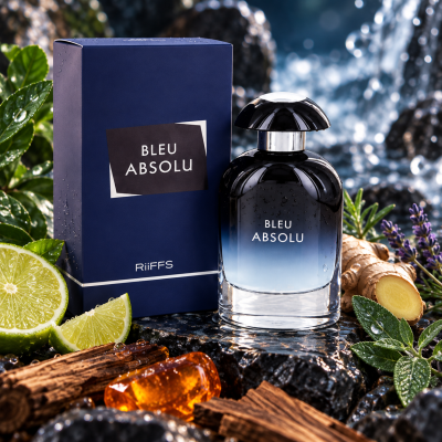 Frasco e caixa de perfume Bleu Absolu com elementos naturais ao redor