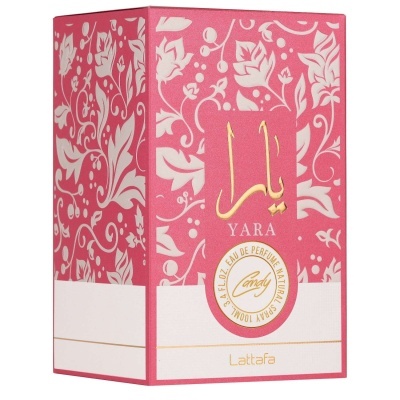 Embalagem de perfume Yara da Lattafa rosa com padrão floral branco