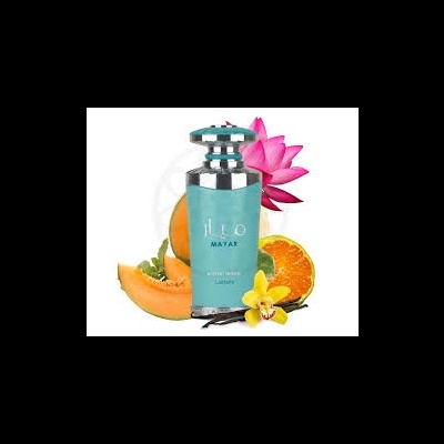Frasco de perfume MAYAR azul turquesa com frutas e flores ao fundo