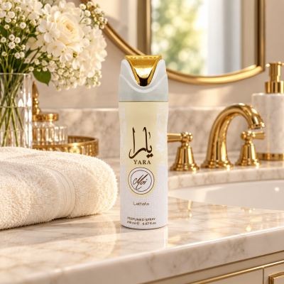 Spray perfumado Yara Mai da Lattafa em bancada de mármore com toalha e flores.