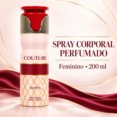 Frasco de spray corporal perfumado feminino COUTURE 200 ml, vermelho, dourado e branco sobre fundo com tecido vermelho.