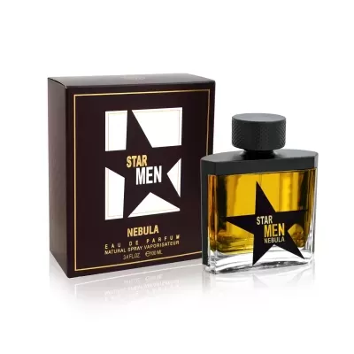 Perfume Star Men Nebula em frasco de vidro âmbar junto à caixa preta com estrela e texto dourado