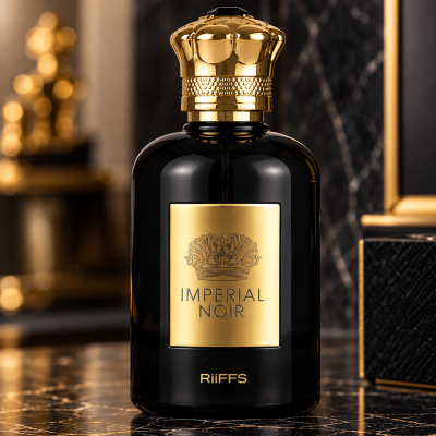 Frasco de perfume preto com rótulo dourado e tampa dourada sobre mesa de mármore