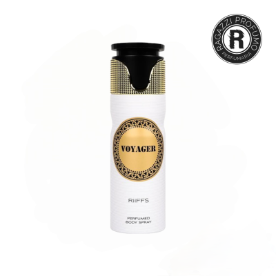 Frasco branco de spray corporal Voyager com detalhes dourados e tampa preta