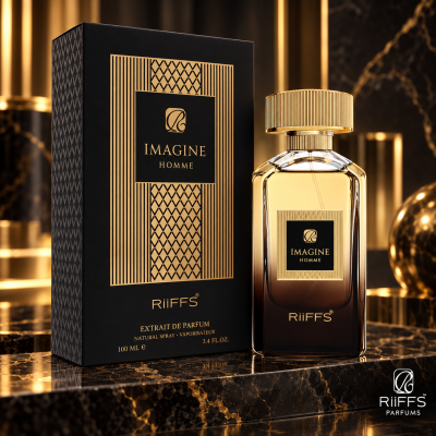 Perfume masculino RiiFFS Imagine Homme com caixa preta e dourada e frasco de vidro degradê castanho