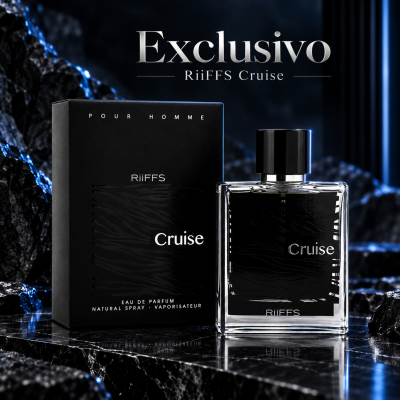 Perfume RiiFFS Cruise para homem com garrafa e caixa negras sobre superfície preta