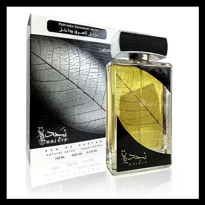 Frasco de perfume NAIDIA com embalagem preta e branca e folha dourada no frasco