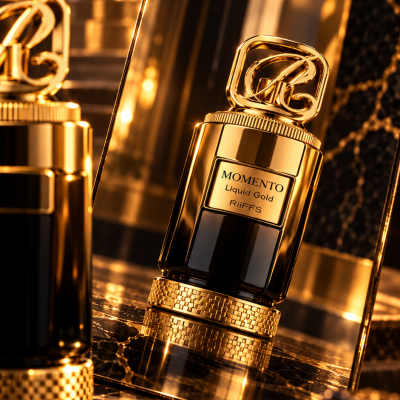 Frasco de perfume dourado Momento Liquid Gold RiiFFS refletido num espelho