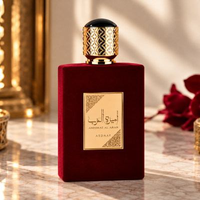 Frasco de perfume vermelho com tampa dourada e placa metálica com texto árabe