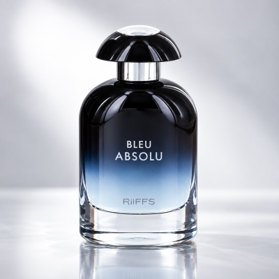 Garrafa de perfume Preto e azul com texto BLEU ABSOLU RiiFFS