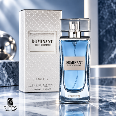 Frasco de perfume masculino azul e embalagem branca com padrão geométrico