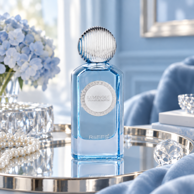 Frasco azul de perfume LUMINOUS EXTRAIT DE PARFUM numa bandeja espelhada com decoração elegante azul e dourada