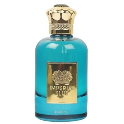 Frasco azul de perfume com tampa dourada e etiqueta dourada Imperial Blue