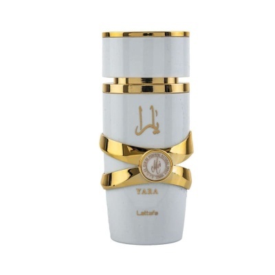 Frasco branco de perfume com detalhes dourados e texto YARA Lattafa