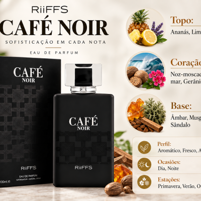 Frasco e caixa preta de perfume CAFÉ NOIR com descrição das notas de topo, coração e base ao lado.