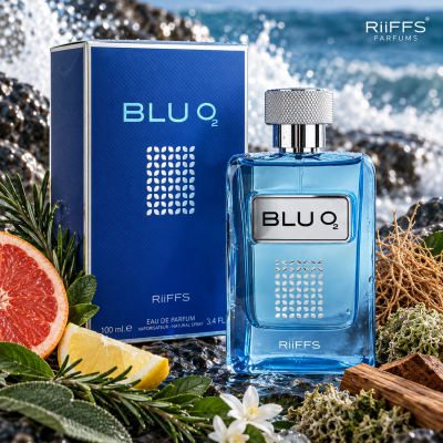 Perfume BLU O2 da RiiFFS com embalagem azul e frutas e plantas ao redor