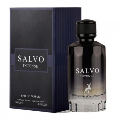 Perfume SALVO INTENSE com frasco preto e caixa preta com texto