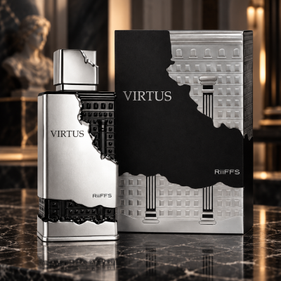 Frasco e caixa de perfume metálicos prateados e pretos com padrões arquitetónicos e texto Virtus e RiiFFS