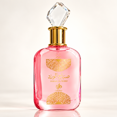Frasco de perfume rosa translúcido com detalhes dourados e tampa de cristal