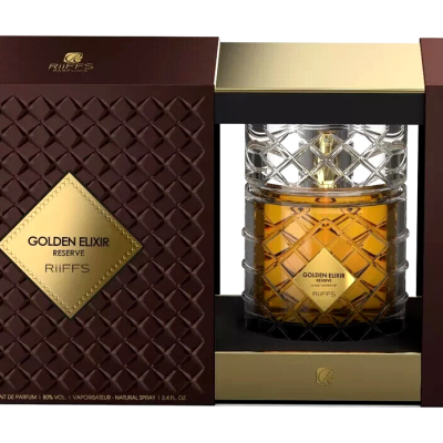 Frasco de perfume Golden Elixir Reserve em embalagem castanha com detalhes dourados