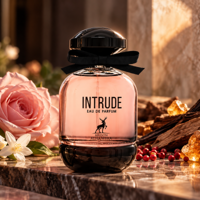 Frasco de perfume rosa com tampa preta e laço em superfície de mármore com flores e elementos naturais