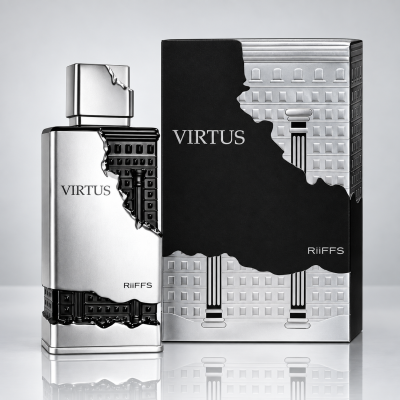 Frasco de perfume prateado e preto com embalagem metálica com relevo e texto VIRTUS e RiiFFS