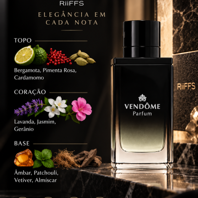 Frasco de perfume Vendôme Parfum RiiFFS preto em superfície de mármore com descrição das notas de fragrância