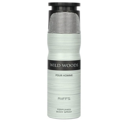 Spray corporal perfumado Wild Woods para homem em embalagem cinza claro com tampa preta