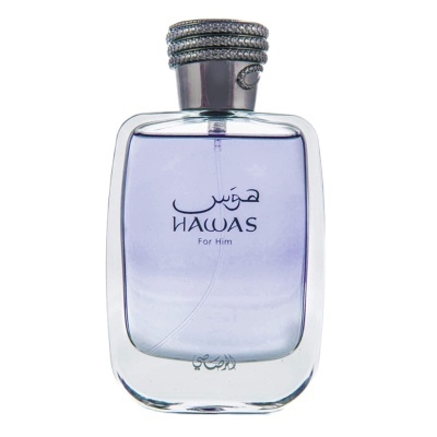 Frasco de perfume HAWAS For Him com líquido azul e tampa metálica texturizada.