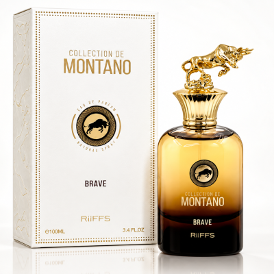 Perfume COLLECTION DE MONTANO Brave com caixa branca e frasco âmbar preto com tampa dourada em forma de touro