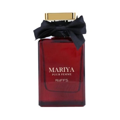 Frasco de perfume vermelho com tampa dourada e laço preto