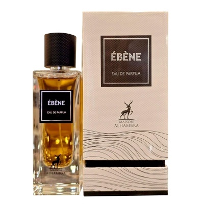 Frasco de perfume ÉBÈNE Eau de Parfum com caixa creme e preta, mostrado em fundo branco.