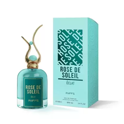 Frasco e embalagem do perfume Rose de Soleil Éclat da RiiFFS azul e dourado