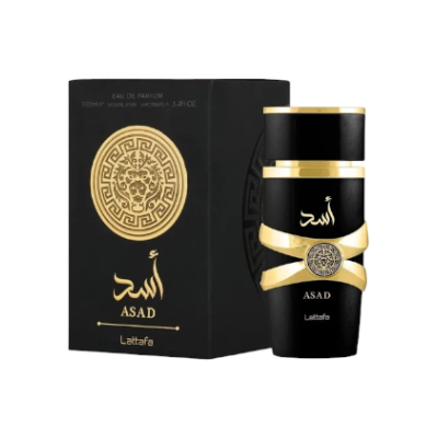 Perfume ASAD Lattafa em frasco e caixa pretos com detalhes dourados