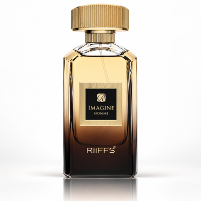 Frasco de perfume masculino em vidro âmbar e preto com tampa dourada e rótulo preto com dourado