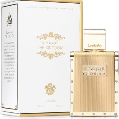 Frasco e embalagem de perfume The Kingdom da Lattafa em vidro e dourado