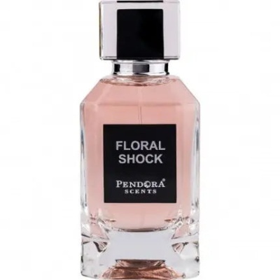 Frasco de perfume Floral Shock com líquido rosa e tampa prateada