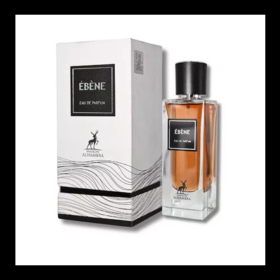 Frasco e caixa do perfume ÉBÈNE com design preto, branco e âmbar.