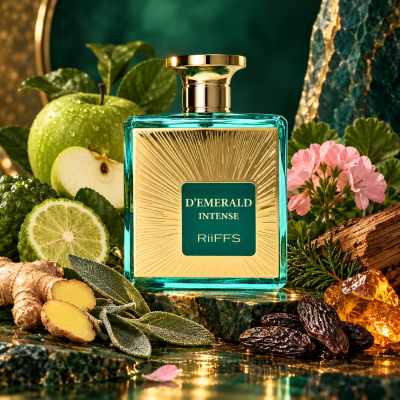 Frasco de perfume DEMERALD INTENSE RiiFFS com elementos naturais em fundo verde