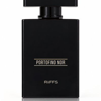 Frasco de perfume Portofino Noir preto com tampo preto