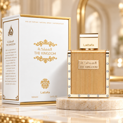 Perfume The Kingdom Lattafa dourado com caixa branca numa base de mármore