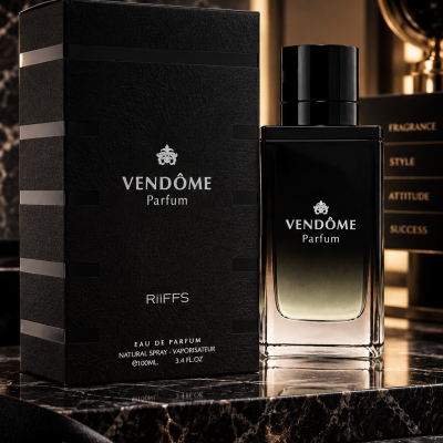 Frasco de perfume e caixa VENDÔME Parfum preto elegante sobre mármore escuro