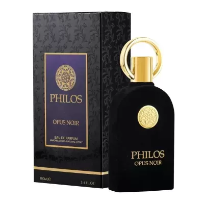 Frasco de perfume Preto PHILOS OPUS NOIR com embalagem preta