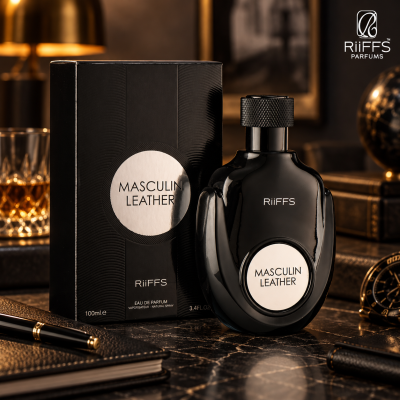 Perfume masculino MASCULIN LEATHER em frasco preto e caixa preta com etiqueta branca em ambiente elegante.